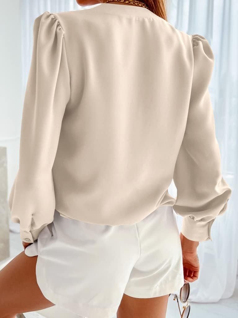 Women's Business Casual Tops Summer Long Sleeve Button Down Shirts V Neck Chiffon Blouses - Image 2