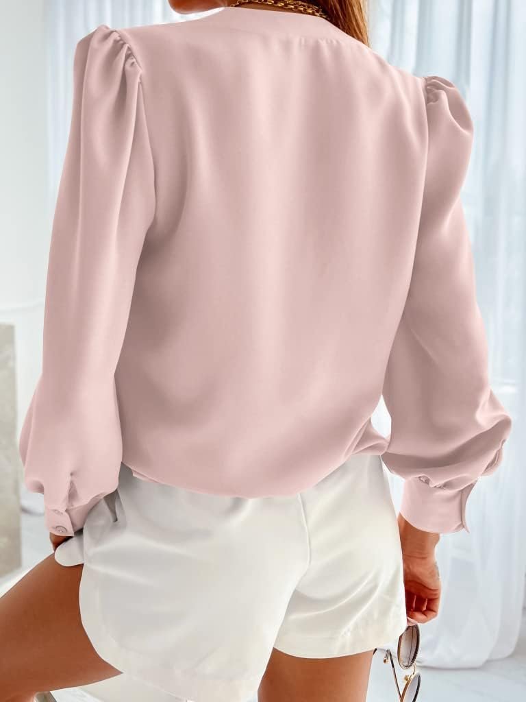 Women's Business Casual Tops Summer Long Sleeve Button Down Shirts V Neck Chiffon Blouses - Image 2