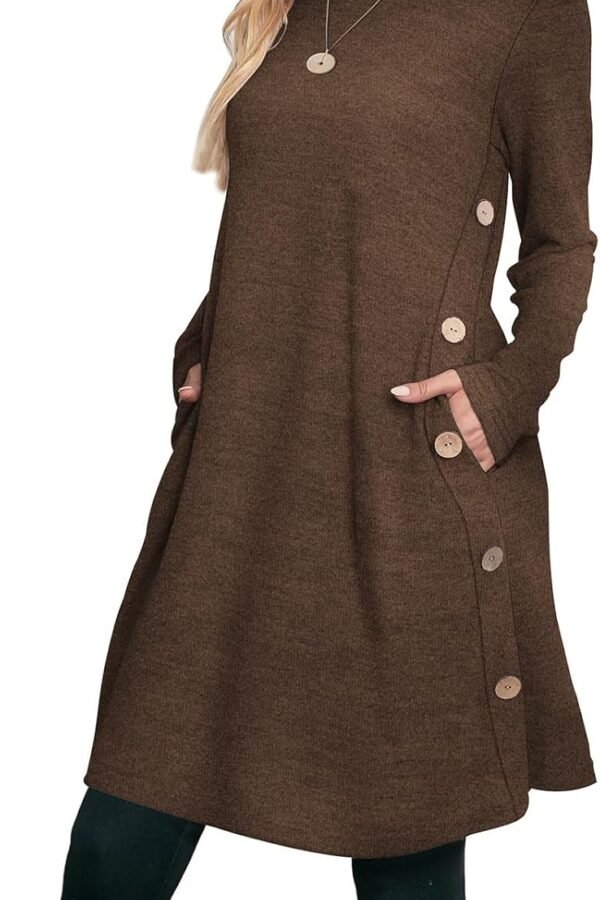 Long Sleeve Dress for Women Crew Neck Tunic Dress with Pockets Buttons Side