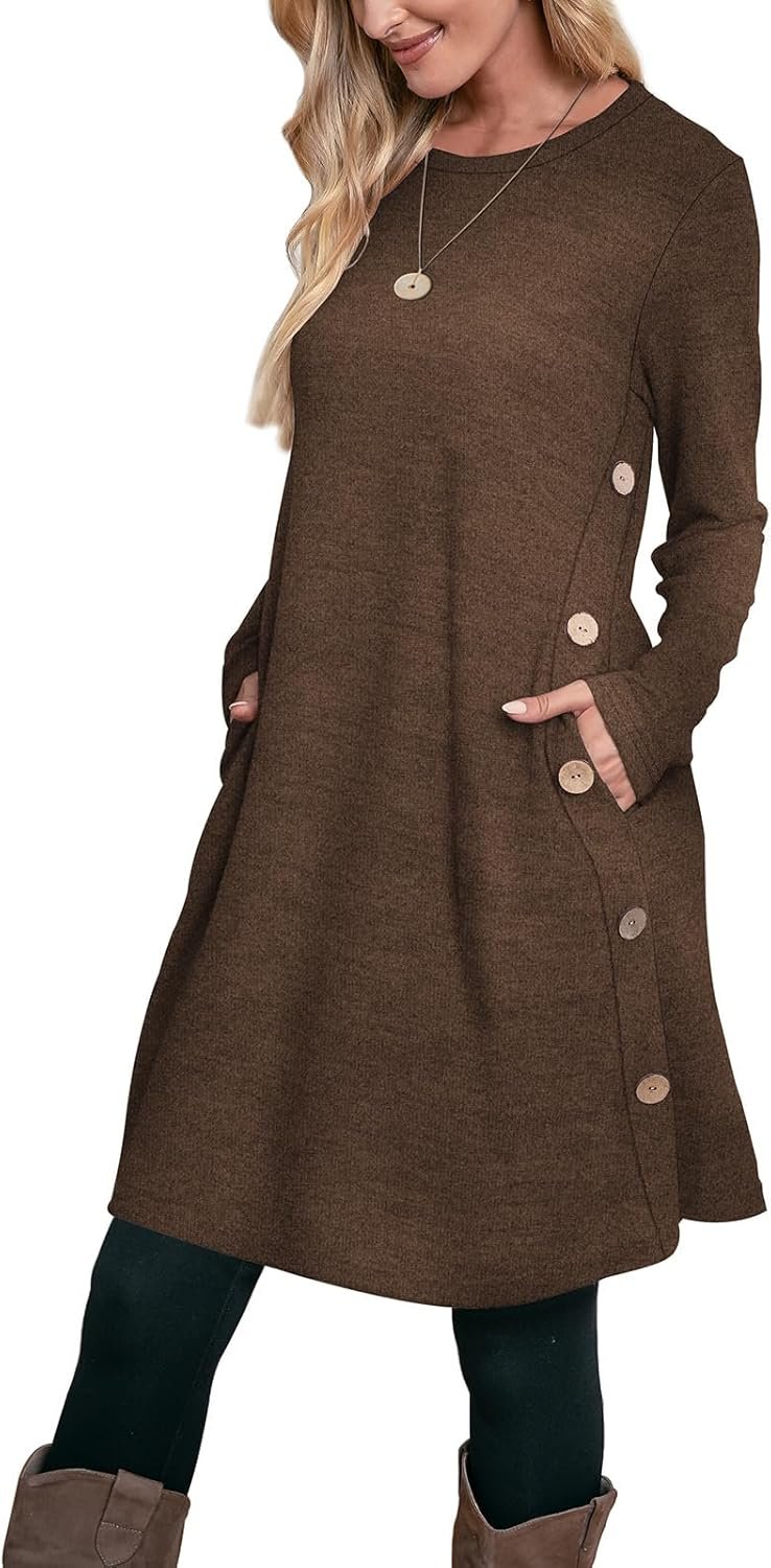 Long Sleeve Dress for Women Crew Neck Tunic Dress with Pockets Buttons Side