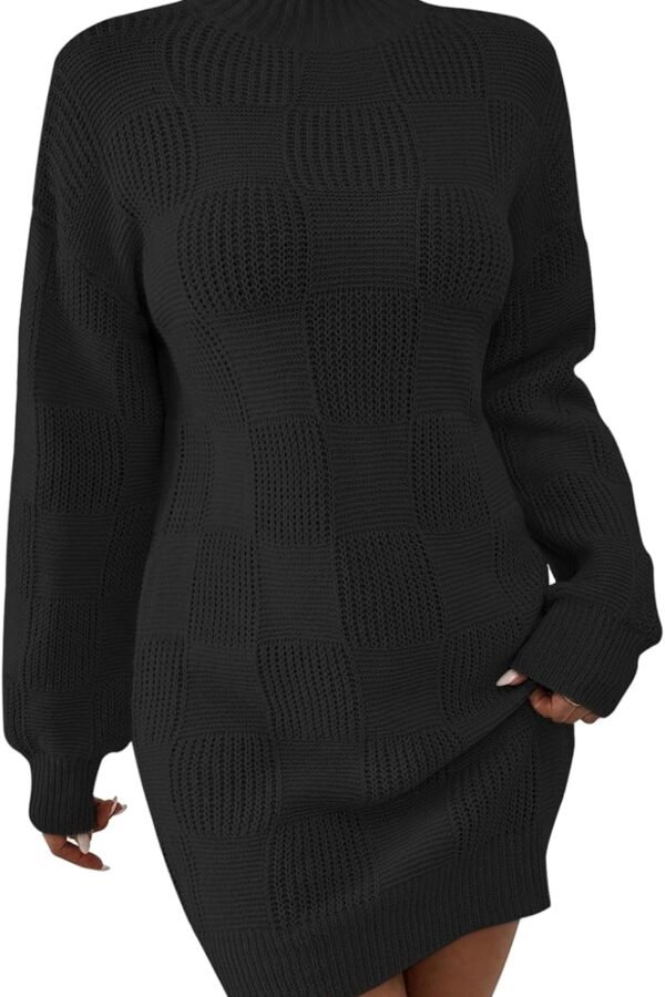 Women's Mock Neck Sweater Dress 2025 Lantern Long Sleeve Loose Plaid Cocktail Party Knit Mini Dress Outfits
