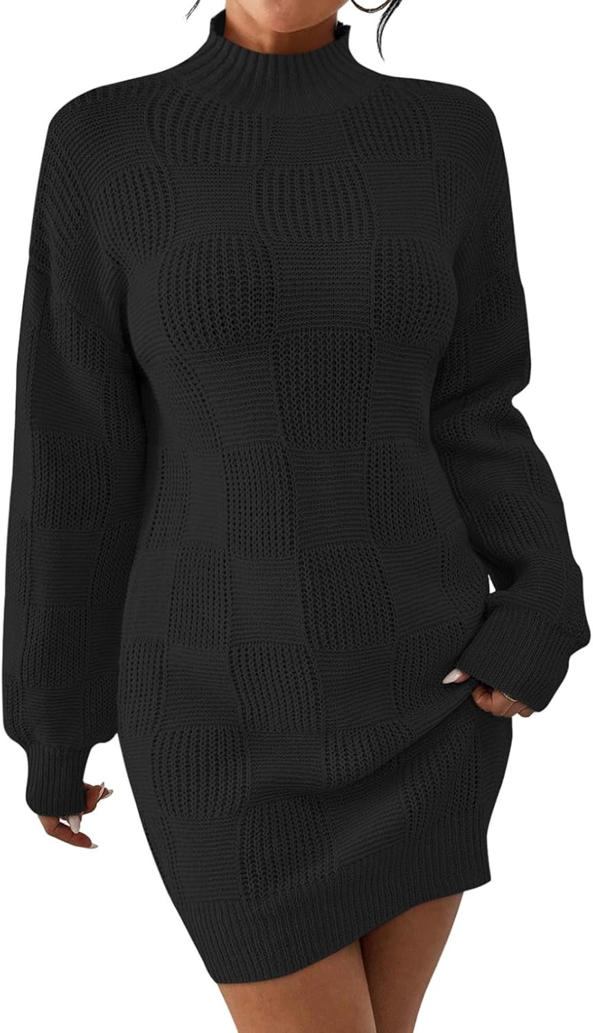 Women's Mock Neck Sweater Dress 2025 Lantern Long Sleeve Loose Plaid Cocktail Party Knit Mini Dress Outfits