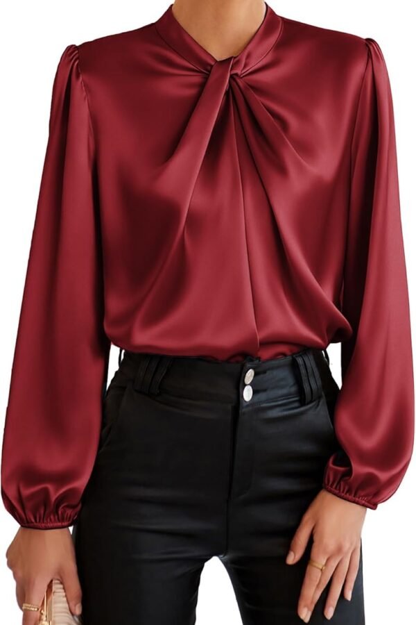 Women's Long Sleeve Satin Blouse,Mock Neck Work Silk Shirts,Dressy Tops for Business Casual Office