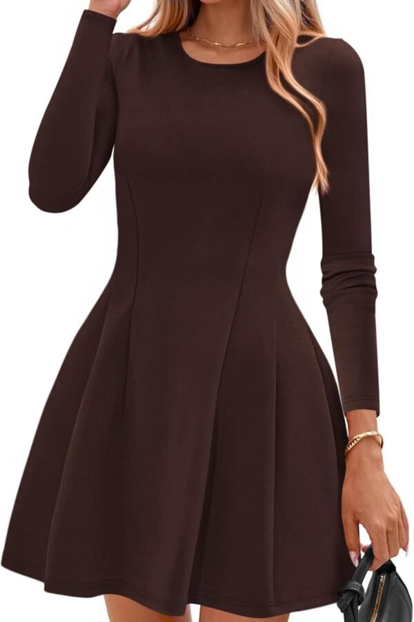 Long Sleeve Mini Dress for Women 2025 Fall Crewneck Knit Pleated Babydoll A Line Soft Casual Short Party Dresses