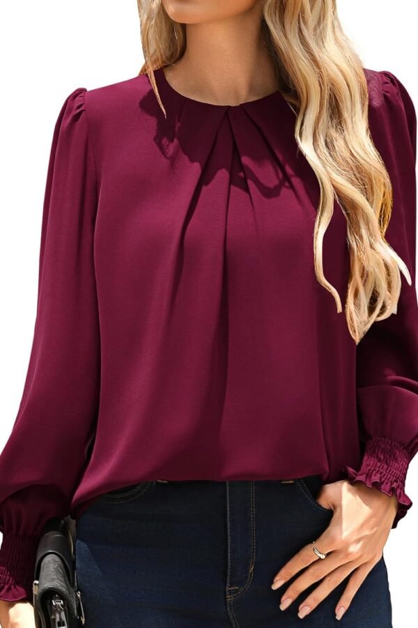 Womens Dressy Business Casual Tops, Pleated Long Sleeve Shirts, Office Work Blouses