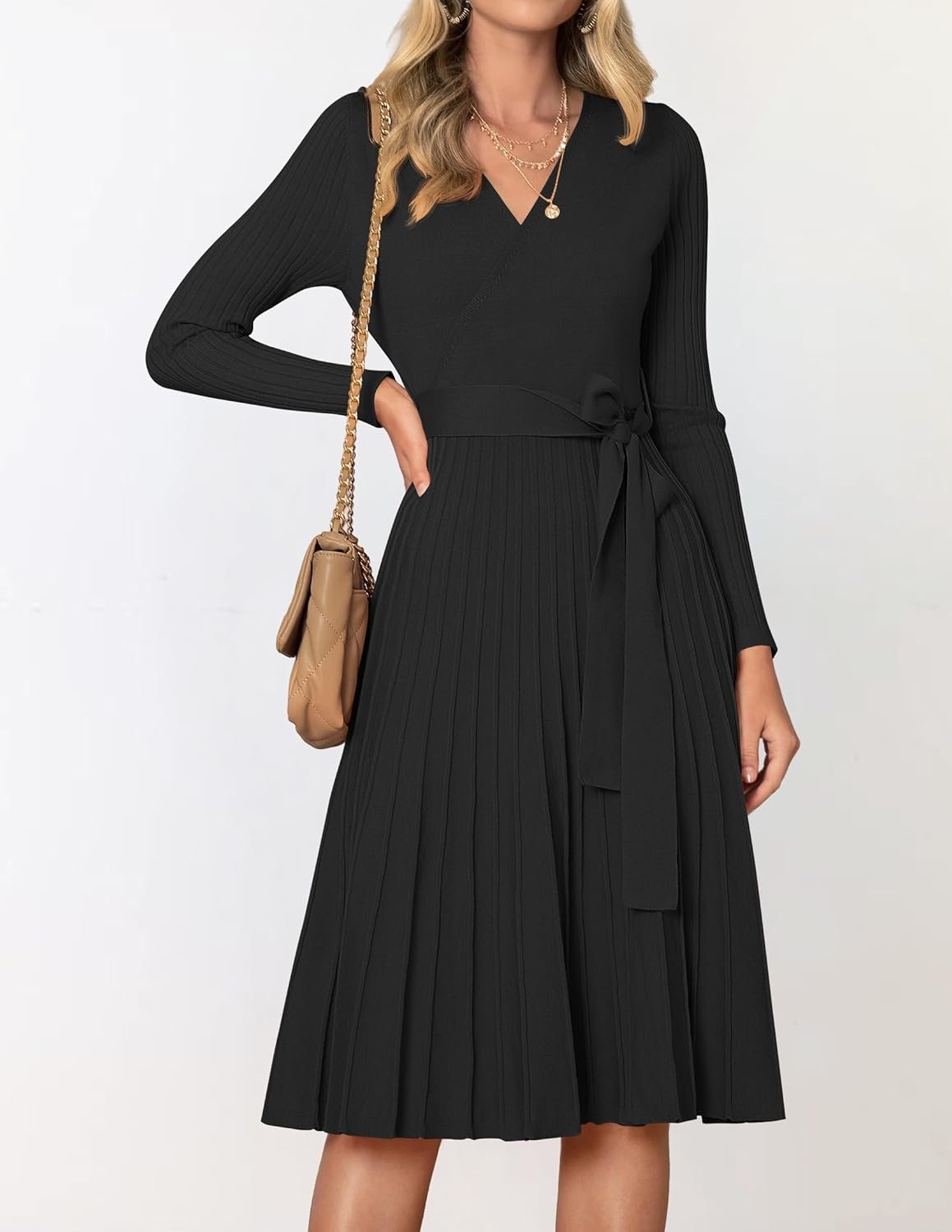 Women's Fall Long Sleeve Wrap V Neck Ribbed Knit Pleated A Line Pullover Sweater Dress with Belt - Image 2