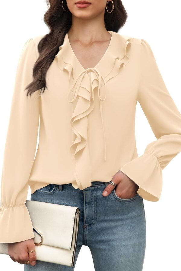 Women's Long Sleeve Tops Dressy Casual V Neck Ruffle Tunic Chiffon Blouse Fall Trendy Work Shirts