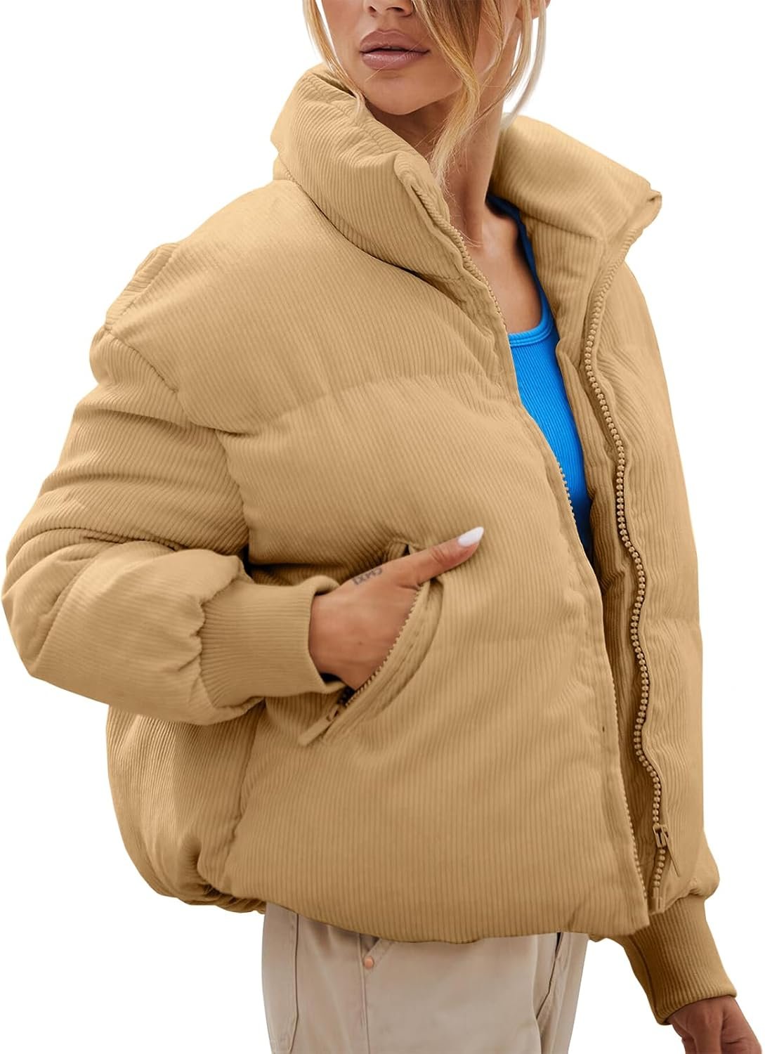 Women Corduroy Quilted Puffer Jackets Long Sleeve Zip Up Stand Winter Down Coat with Pockets - Image 2