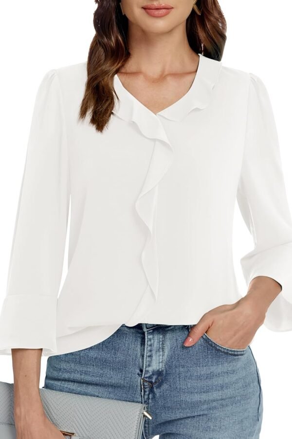 Womens 3/4 Length Sleeve Tops V Neck Dressy Casual Blouses Tunic Trendy Business Office Ruffle Work Shirts