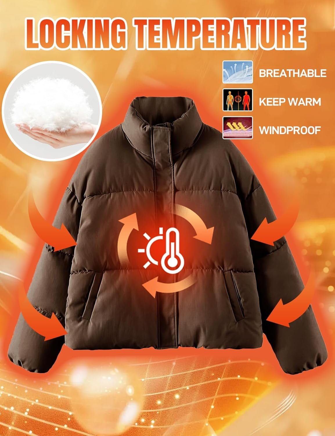 Women Cropped Puffer Jacket Zip Up Stand Collar Lightweight Quilted Padded Down Winter Warm Jackets Coats with Pockets - Image 2