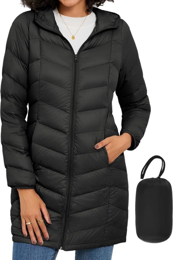 Women Lightweight Down Puffer Coat, Women Hooded Mid-Length Packable Winter Jacket with Packing Bag
