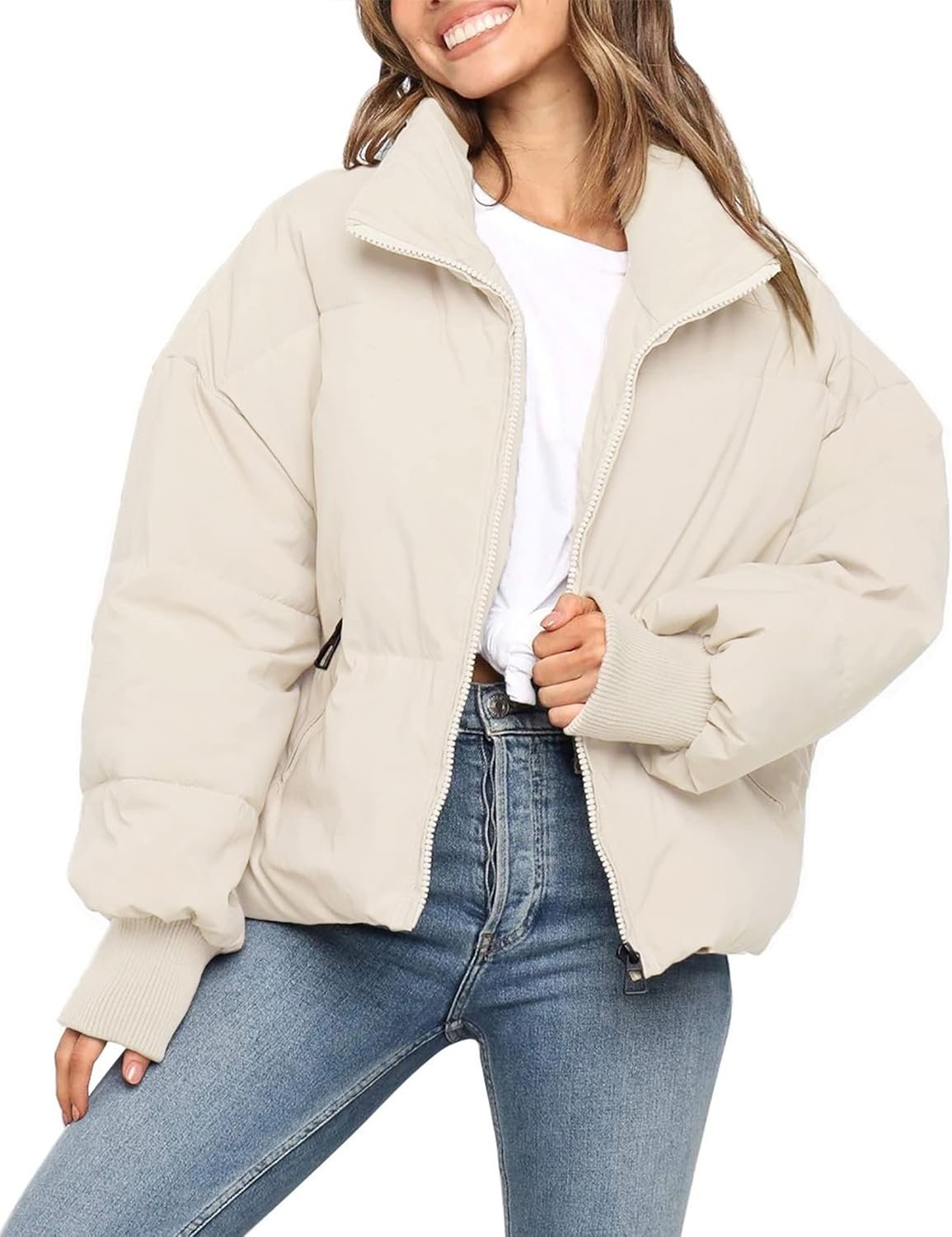 Women Winter Warm Long Sleeve Zip Up Drawstring Baggy Cropped Puffer Down Jacket Coat
