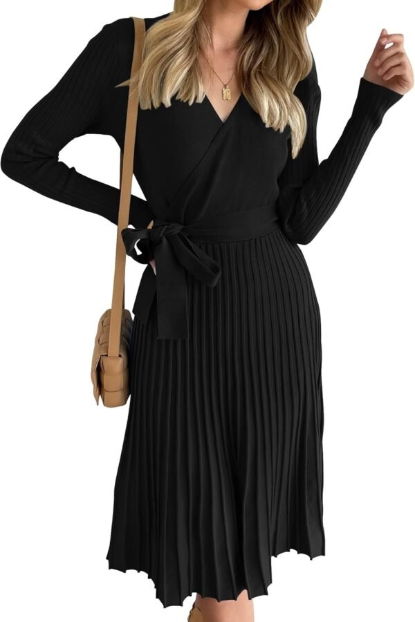 Women's Fall Long Sleeve Wrap V Neck Ribbed Knit Pleated A Line Pullover Sweater Dress with Belt