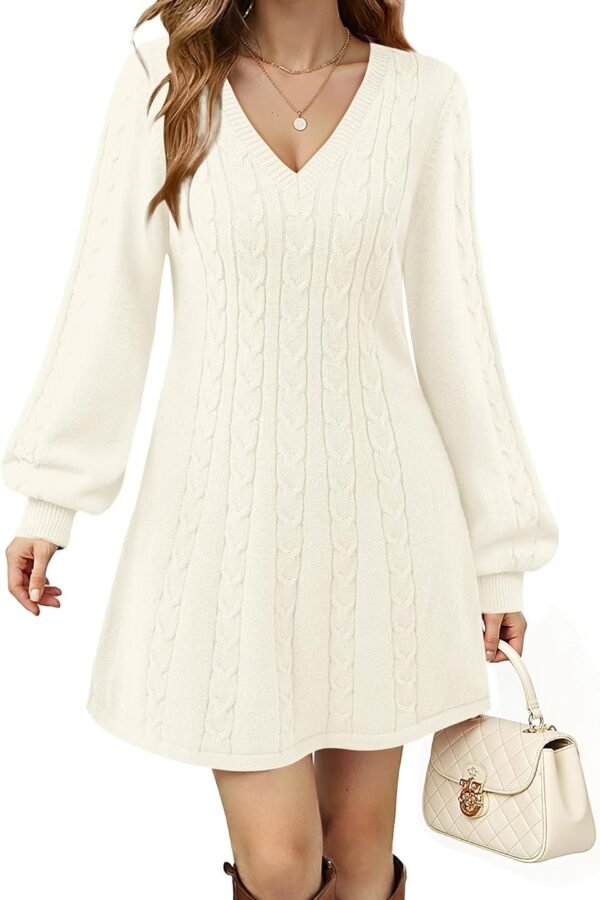 Womens V Neck Long Sleeve Cable Knit Fall Dresses Elegant Babydoll Sweater Dress