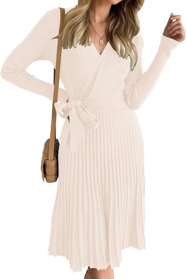Women's Fall Long Sleeve Wrap V Neck Ribbed Knit Pleated A Line Pullover Sweater Dress with Belt