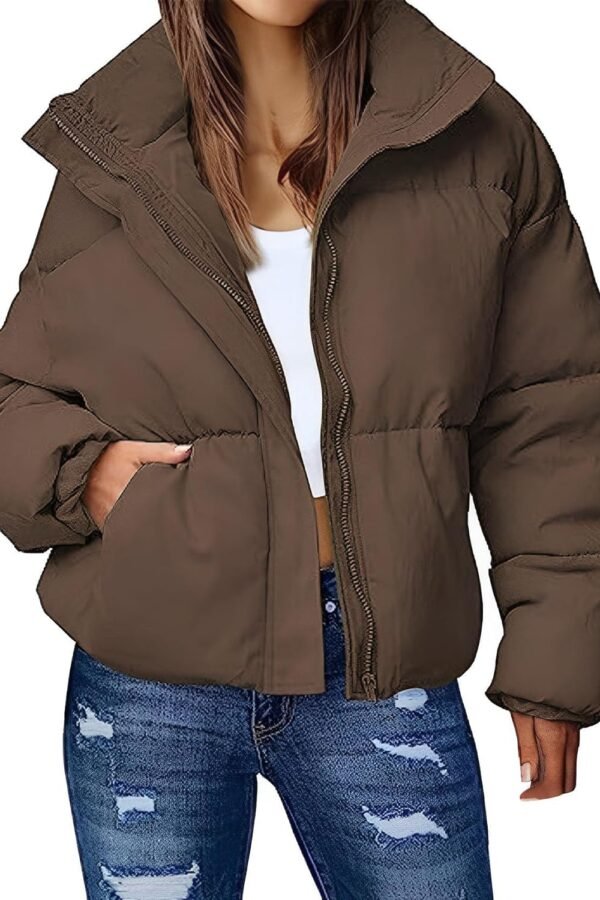 Women Cropped Puffer Jacket Zip Up Stand Collar Lightweight Quilted Padded Down Winter Warm Jackets Coats with Pockets