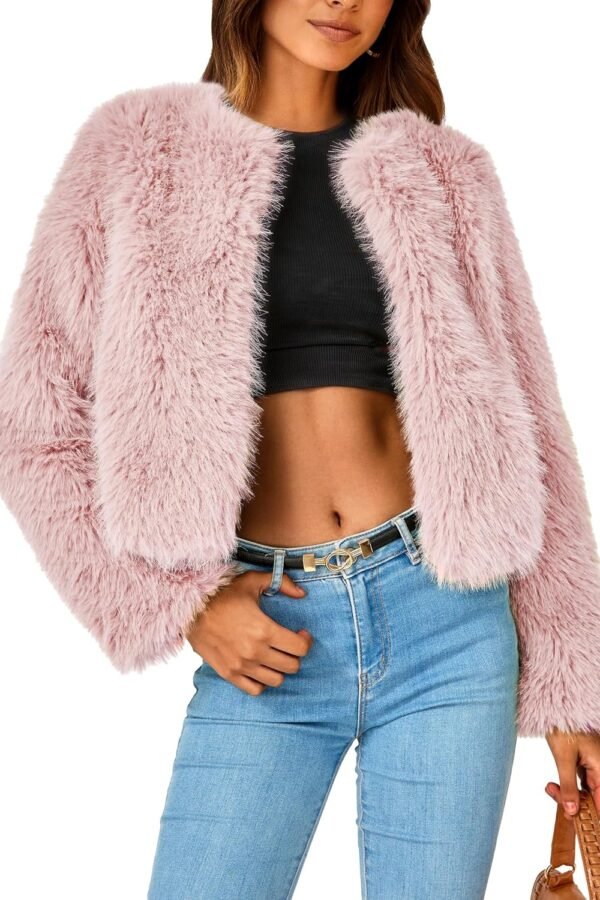 Women's  Winter Coats Fleece Cropped Jacket Faux Fur Long Sleeve Pockets Shaggy Warm Outerwear Fall Clothes