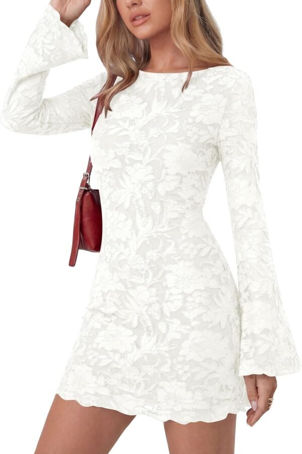 Women's 2025 Fall Fashion Floral Long Sleeve Mini Dress Mesh Bodycon Short Party Date Night Going Out Dresses