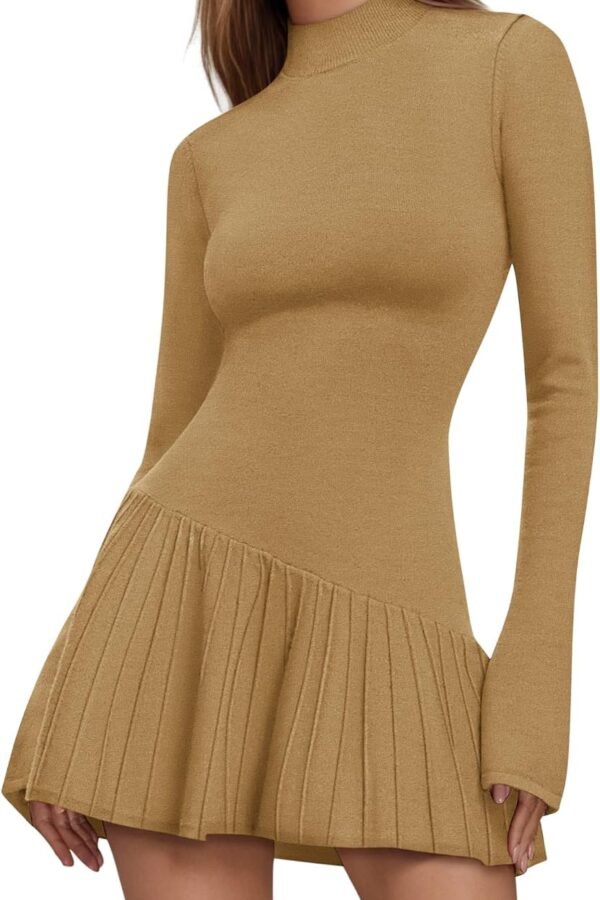 Women's Sweater Dress Crochet Ribbed Knit Ruffle Hem Flared Long Sleeve Mock Neck Mini Dress