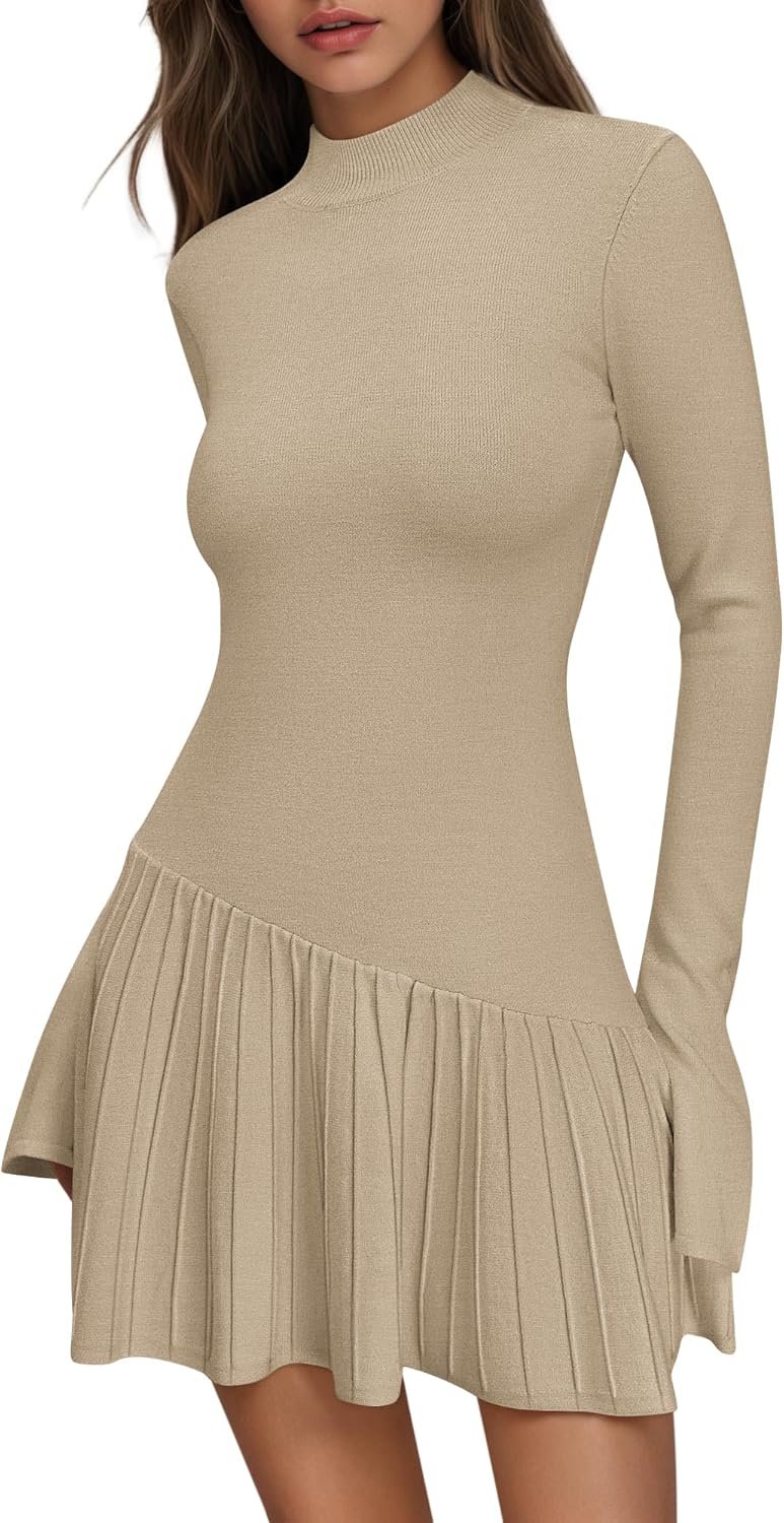 Women's Sweater Dress Crochet Ribbed Knit Ruffle Hem Flared Long Sleeve Mock Neck Mini Dress - Image 2