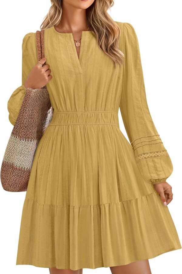 Long Sleeve V Neck Mini Dresses for Women 2025 Fall High Waist Ruffle Pleated A Line Cocktail Party Short Dress