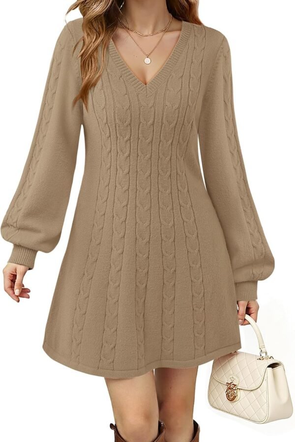 Womens V Neck Long Sleeve Cable Knit Fall Dresses Elegant Babydoll Sweater Dress