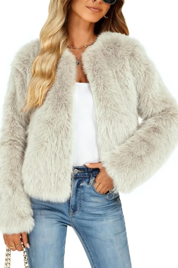 Women's Faux Fur Coat Winter Warm Cropped Jacket Trendy Long Sleeve Crew Neck Zip Up Outerwear