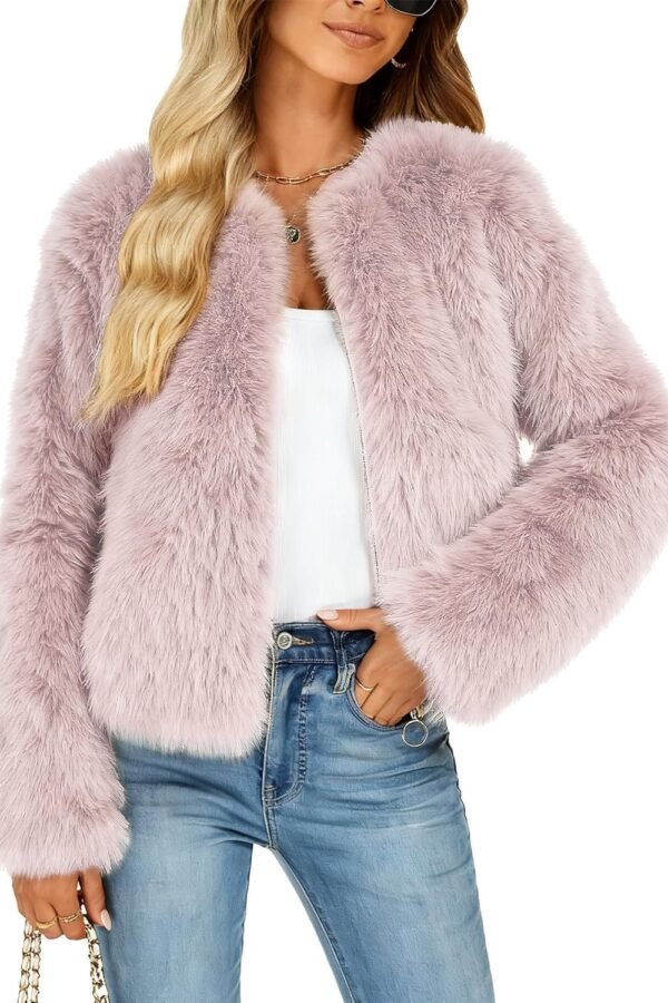 Women's Faux Fur Coat Winter Warm Cropped Jacket Trendy Long Sleeve Crew Neck Zip Up Outerwear
