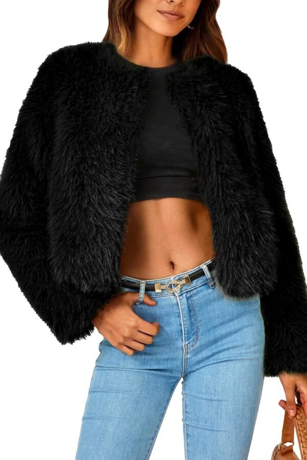 Women's  Winter Coats Fleece Cropped Jacket Faux Fur Long Sleeve Pockets Shaggy Warm Outerwear Fall Clothes