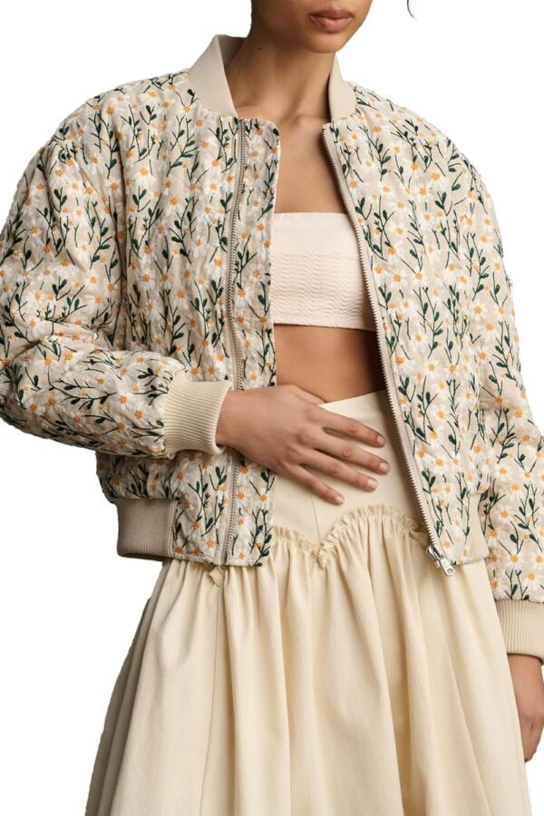 Women??s Floral Bomber Jacket Cropped Zipper Down Long Sleeve Daisy Padded Coat Outwear with Pockets