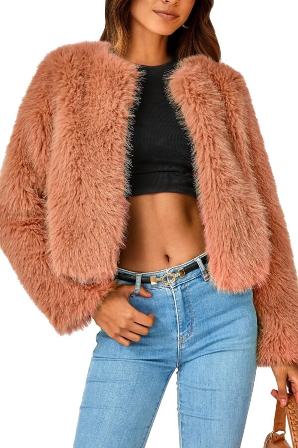 Women's  Winter Coats Fleece Cropped Jacket Faux Fur Long Sleeve Pockets Shaggy Warm Outerwear Fall Clothes